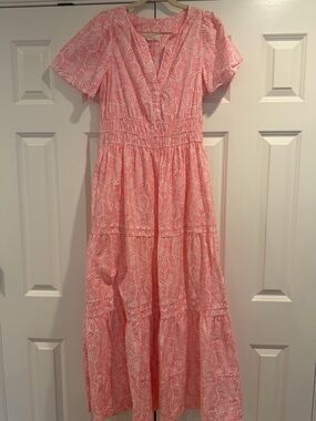 Anthropologie Somerset Pink Printed Tiered Maxi Dress, size Medium